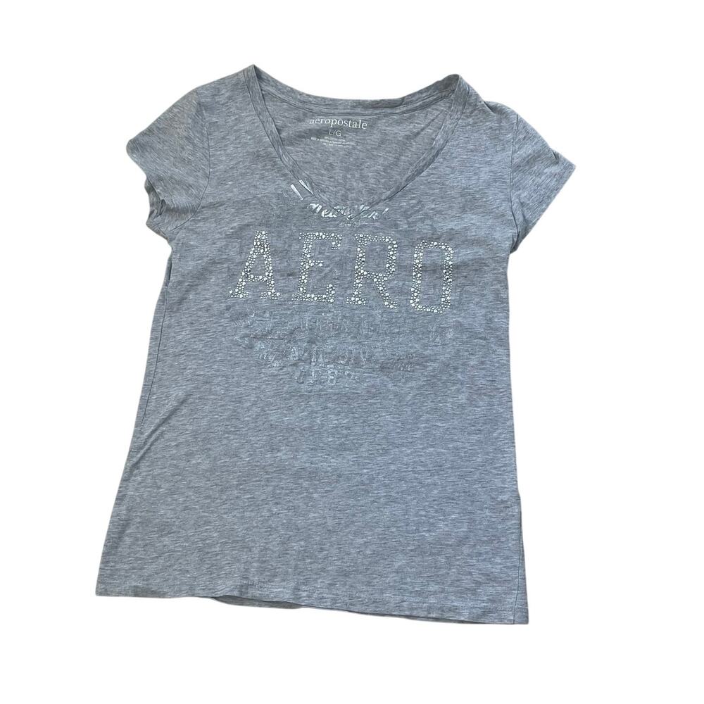 Aéropostale Rhinestone Logo Tee – Grey V-Neck Y2K Casual Baby Tee Size Large